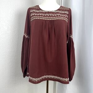 Savanna Jane Top Womens Small Red/Brown Balloon Sleeve Boho Western Flowy Hippie